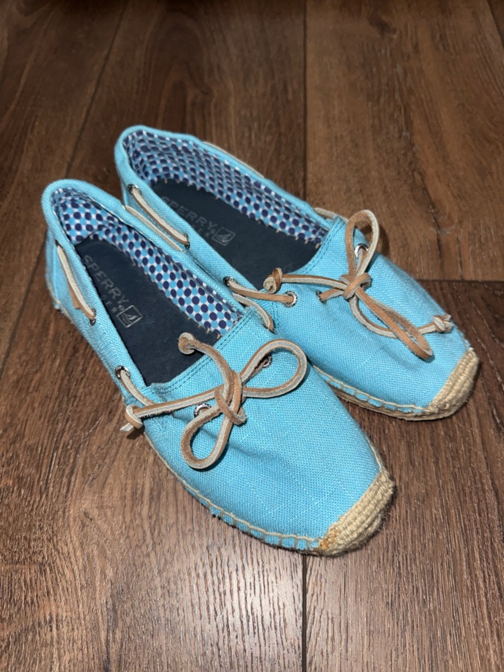 Sperry Turquoise Canvas Slip-On Boat Shoes with Tan Laces